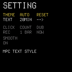 SETTING，第一行 THEME、AUTO 20MIN、RESET