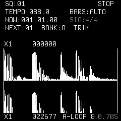 TRIM 上的真实采样波形，名字 A-LOOP 8，时长 0.70 秒