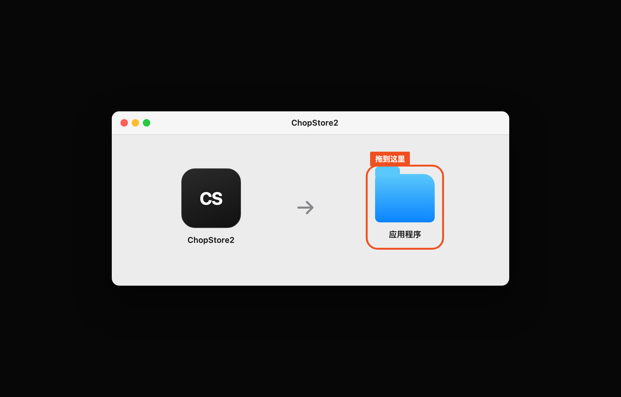 安装窗口里 ChopStore2 在左边，应用程序文件夹在右边并被橙色框标出