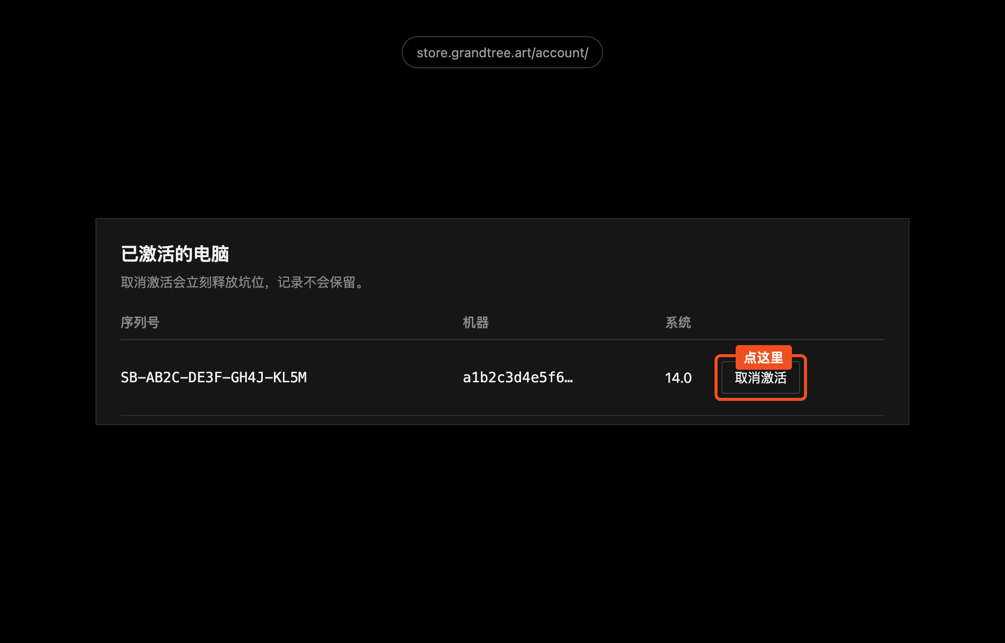 用户后台的已激活的电脑列表，橙色框标出取消激活